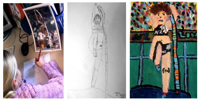 A photo of a pole vaulter with a student's subsequent drawing and painting