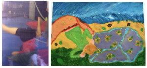 A photo of a child doing a forward roll next to a child's painting of the same