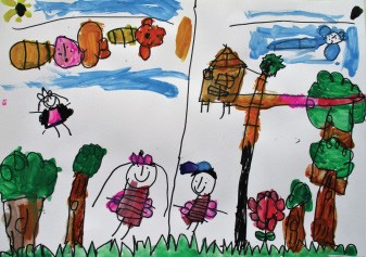 This is a child's painting of a scene outside, which incorporates children, trees and a fairy