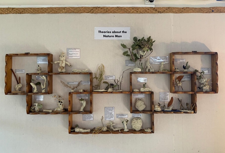 A photo of shelves with, what could be, labelled clay objects sitting on them