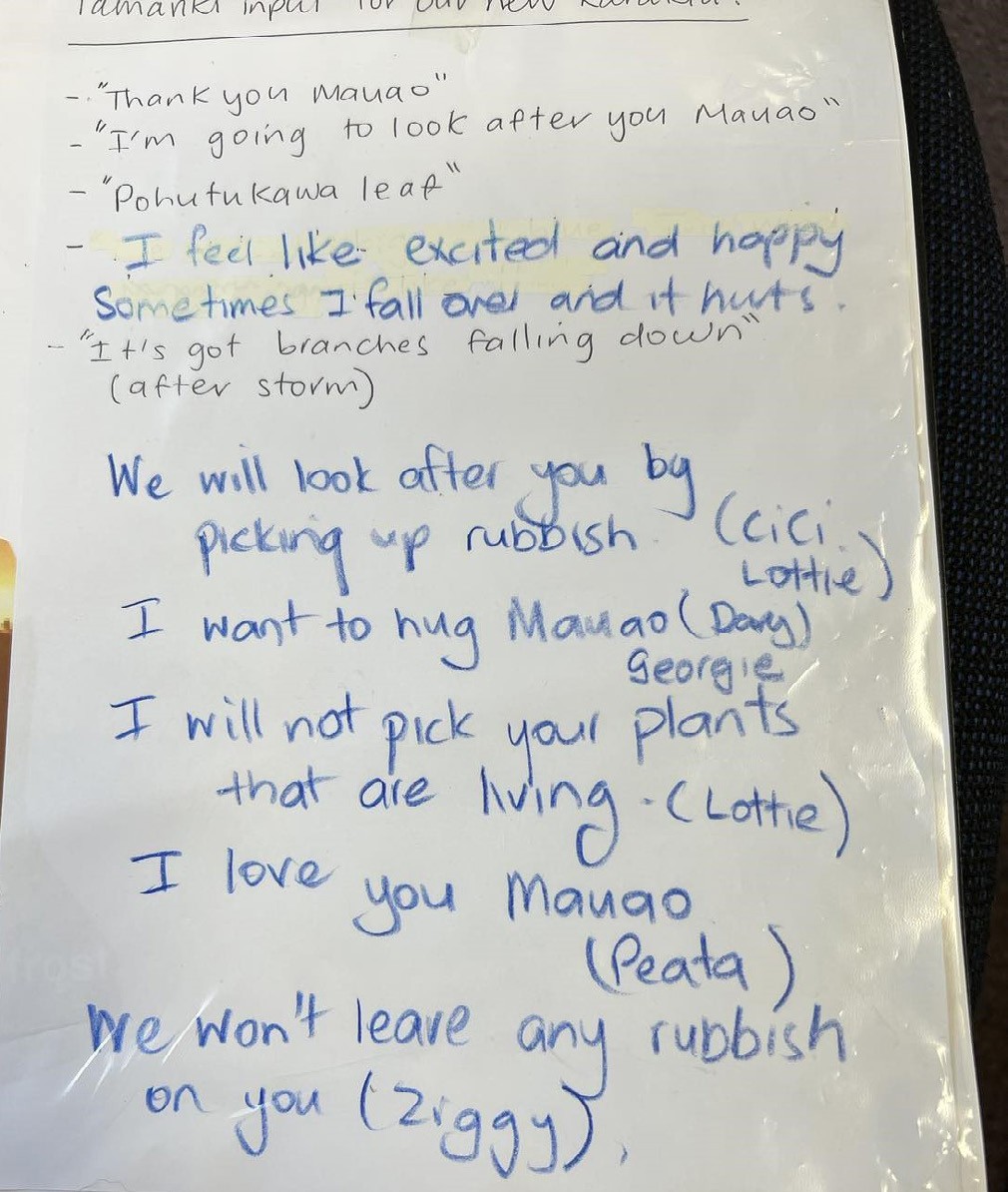 This is a kaiako's transcription of some of the children's suggestions for the new karakia. It includes thoughts such as - "We will look after you by picking up the rubbish" and "I will not pick your plants that are living"