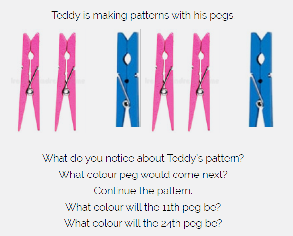 A picture of 2 pink pegs and one blue peg - repeated. Accompanying text reads: Teddy is making patterns with his pegs. What do you notice about Teddy’s pattern? What colour peg would come next? Continue the pattern. What colour will the 11th peg be? What colour will the 24th peg be?