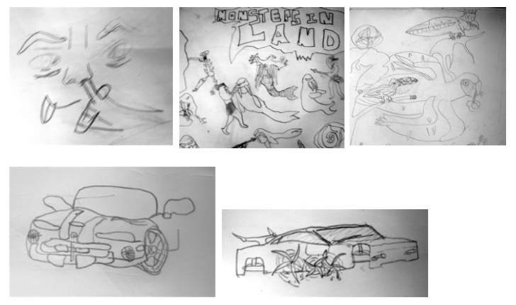 Five of Nathaniel's drawings, of cars mainly