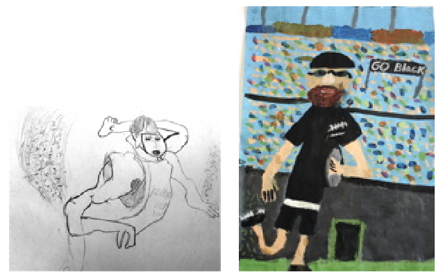 A student's drawing of a volleyball player and painting of a rugby player