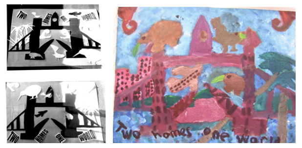 Two black and white collages and one coloured painting of London bridge with kiwi and koru interposed