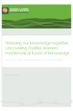 This is an image the front page of the project report. The title is "Weaving our knowledge together: Uncovering Pasifika learners’ mathematical funds of knowledge" The authors are: Jodie Hunter, Bobbie Hunter, John Tupouniua, and Louise Fitzgerald